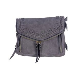 Grey Faux Suede Braided Whipstitch Crossbody Messenger‎ Bag Gold Hardware